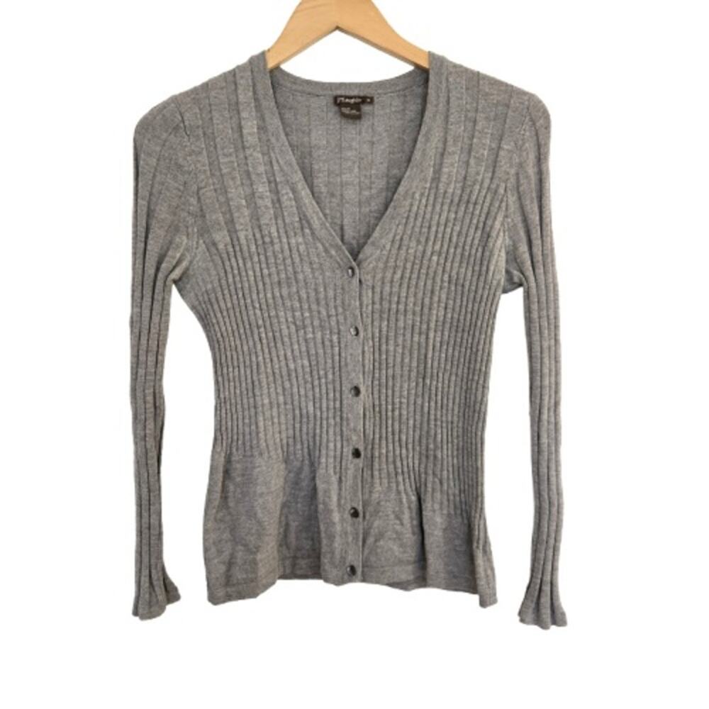 J.McLaughlin Italian Merino Wool Ribbed V-Neck Peplum Cardigan Grey Sweater M